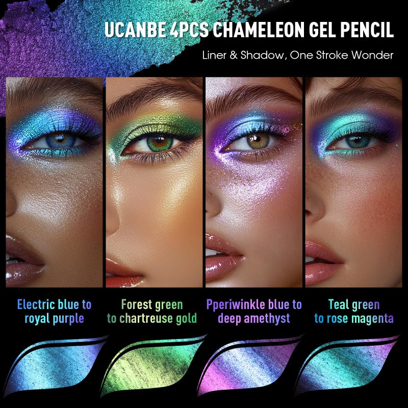 UCANBE 4PCS Chameleon Eyeshadow & Eyeliner Gel Pencil Set - Multichrome Shifting Colors Metallic Glitter Eye Makeup,Waterproof Long-Lasting Smudge-Proof Multi-Dimensional Color - Image 2