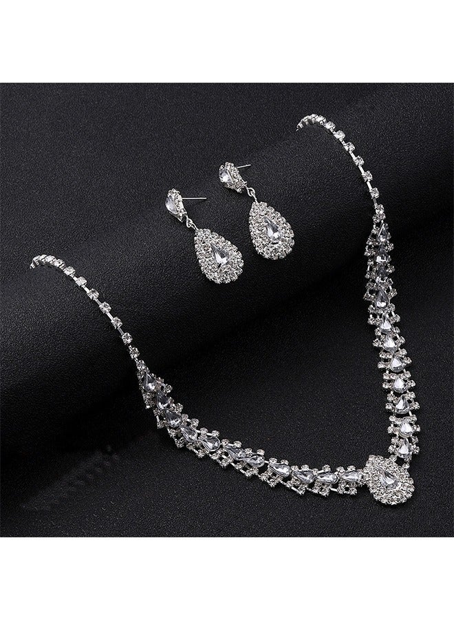 مجموعة مجوهرات الزفاف اللؤلؤ تاج قلادة أقراط اكسسوارات للنساء مجموعة مجوهرات الزفاف قلادة من حجر الراين قلادة للنساء (مجموعة من 3) - Image 2