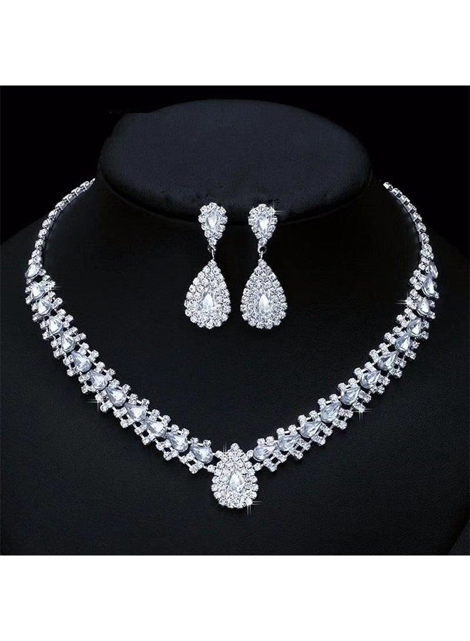 مجموعة مجوهرات الزفاف اللؤلؤ تاج قلادة أقراط اكسسوارات للنساء مجموعة مجوهرات الزفاف قلادة من حجر الراين قلادة للنساء (مجموعة من 3) - Image 1