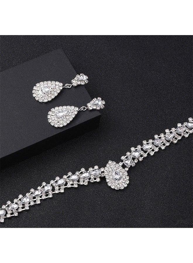 مجموعة مجوهرات الزفاف اللؤلؤ تاج قلادة أقراط اكسسوارات للنساء مجموعة مجوهرات الزفاف قلادة من حجر الراين قلادة للنساء (مجموعة من 3) - Image 3