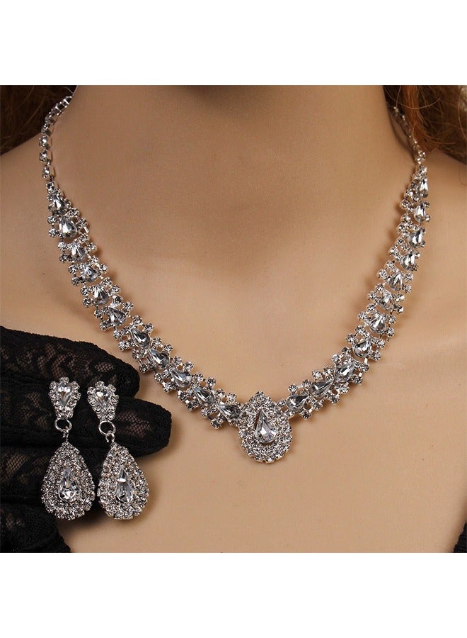 مجموعة مجوهرات الزفاف اللؤلؤ تاج قلادة أقراط اكسسوارات للنساء مجموعة مجوهرات الزفاف قلادة من حجر الراين قلادة للنساء (مجموعة من 3) - Image 4