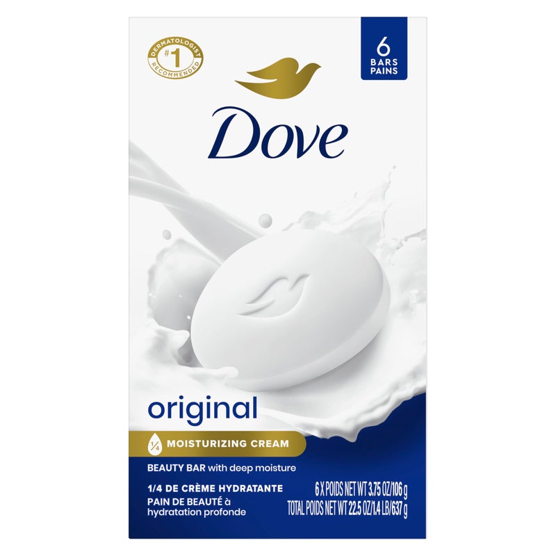 Dove Beauty Bar Soap Original, 6 Bars for Soft, Smooth Skin, with 1/4 Moisturizing Cream 3.75 oz - Image 1