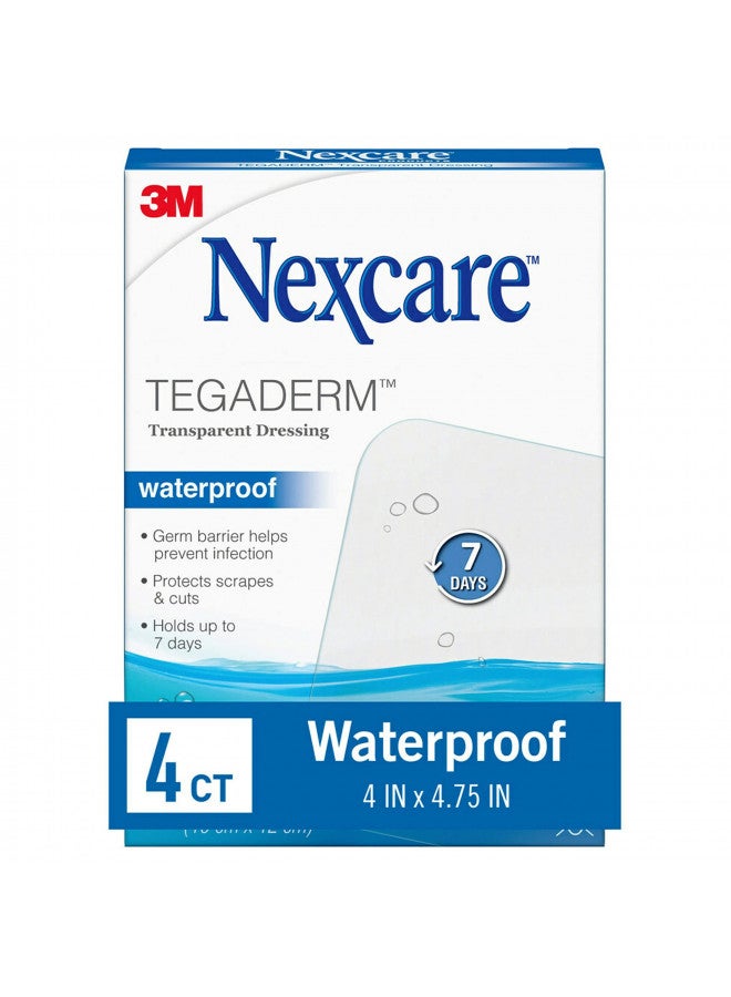 Nexcare Nexcare Tegaderm Waterproof Transparent Dressing, Dirtproof, Germproof, Provides protection to minor burns, scrapes, cuts, blisters and abrasions ,4 Inches X 4-3/4 Inches, 4 Count - Image 1