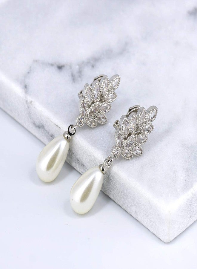 YOQUCOL Leaf-shape Dangle Drop Clip On Earring Zirconia Crystal Simulated Pearl NonPierced Earrings For Women - Image 2