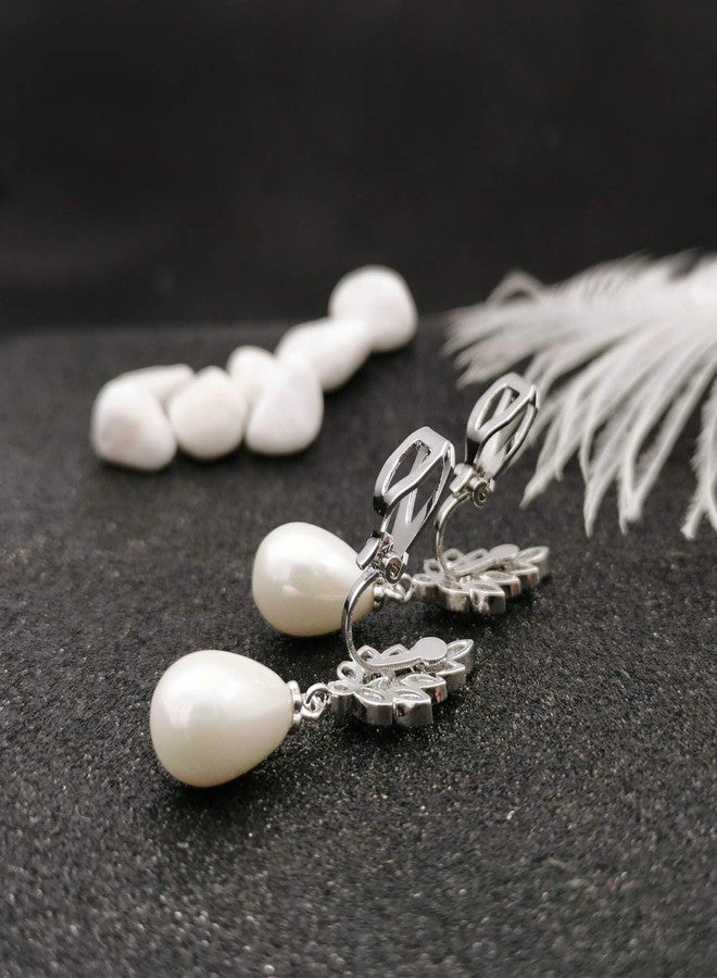 YOQUCOL Leaf-shape Dangle Drop Clip On Earring Zirconia Crystal Simulated Pearl NonPierced Earrings For Women - Image 5