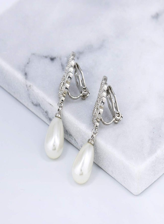 YOQUCOL Leaf-shape Dangle Drop Clip On Earring Zirconia Crystal Simulated Pearl NonPierced Earrings For Women - Image 4