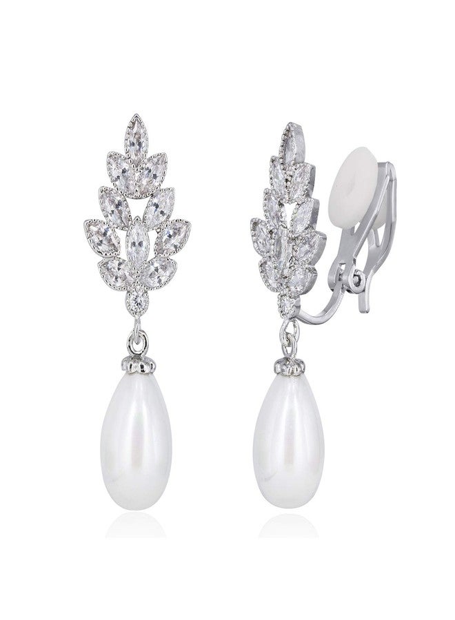 YOQUCOL Leaf-shape Dangle Drop Clip On Earring Zirconia Crystal Simulated Pearl NonPierced Earrings For Women - Image 1