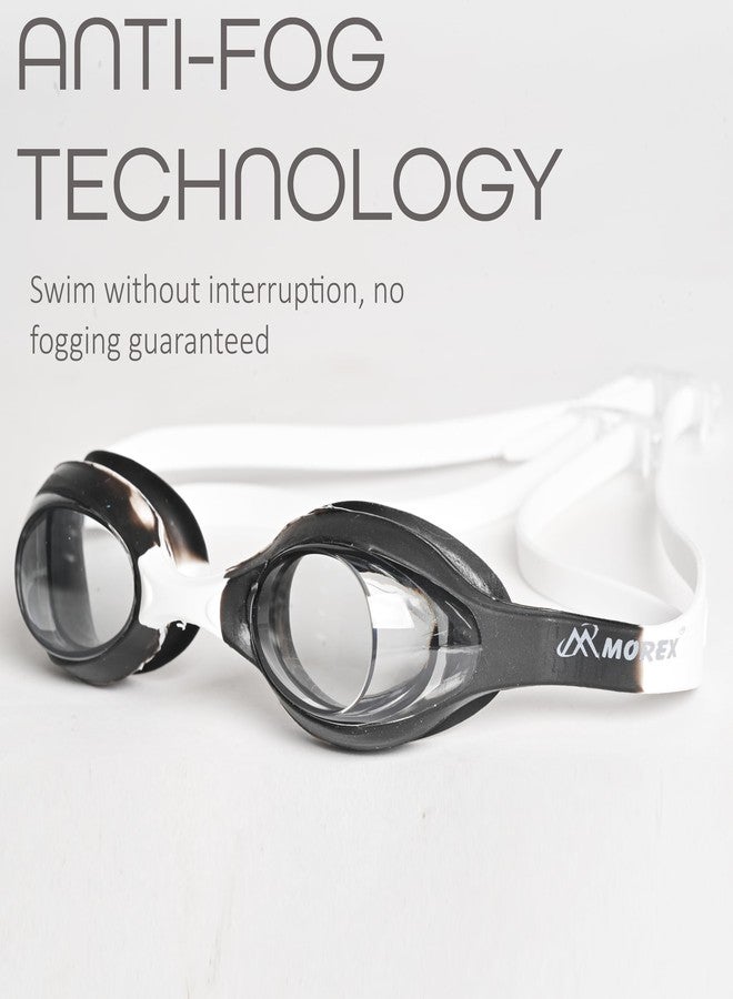 MOVEX Morex Premium Swim Goggles Kids & Adults | Clear Lens, Wide-Vision Design, UV Protection, Anti-Fog Coating, Leakproof & Adjustable Strap | Perfect for Competitive Swimming (Black & White) - Image 2