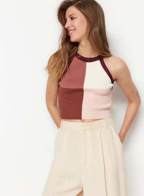 Plum Crop Color Block Blouse