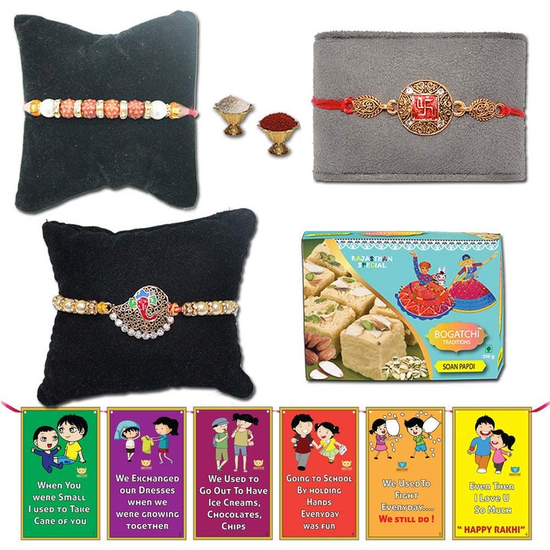 BOGATCHI Rakhi Sweets for Brother Free with Set of 3 Designed OM Ganesha Rakhi for Brother Free Roli Chawal and Rakhi Cards