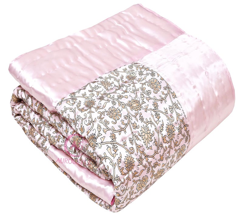 AUROSTYLE 400 TC Light Weight Thin Silk Fabric Single Bed Soft Jaipuri AC Quilt Razai Dohar Floral Print Design with Gold Print Quilts Blankets for Home 85 x 55 inch Pink Floral Print - Image 2