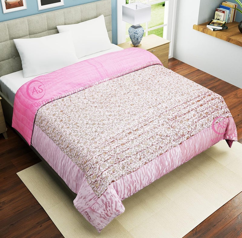 AUROSTYLE 400 TC Light Weight Thin Silk Fabric Single Bed Soft Jaipuri AC Quilt Razai Dohar Floral Print Design with Gold Print Quilts Blankets for Home 85 x 55 inch Pink Floral Print - Image 4