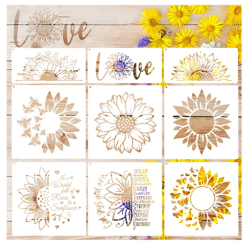 Huahui 9 Pcs Large Sunflower Stencils for Painting on Wood 12x12 Inches Reusable Butterfly Bee Floral Sun Flower Stencils for Painting on Canvas Paper Fabric Wall Furniture Crafts 9Pcs