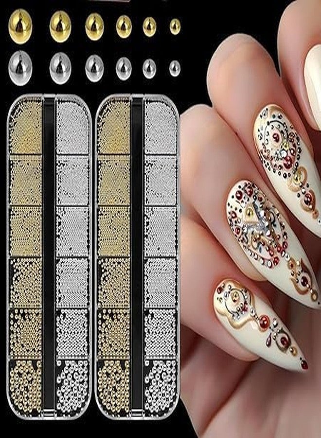NIOFY Nail Art Pearls with Nail Rhinestones Glue Gel Flatback Pearls Nail Charms Luxurious Nail Supplies Accessories Gold Silver Nail Women Nail Design (2 Pack) - Image 1
