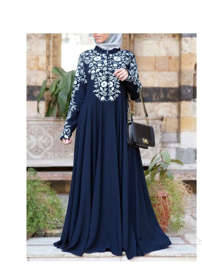 NIBEMINENT Women's Long-sleeved Dress With Ethnic Style, Printed Stand-up Collar And Large Skirt Hem - Image 1