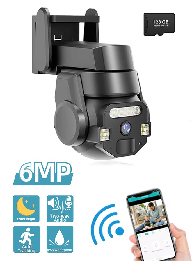 الرائد كاميرا مراقبة خارجية واي فاي مزدوجة العدسة، زوم 10x دقة 6 ميجابكسل، صوت ثنائي الاتجاه، رؤية ليلية ملونة عالية الدقة، مقاومة للماء IP66، بطاقة 128 جيجابايت - Image 1