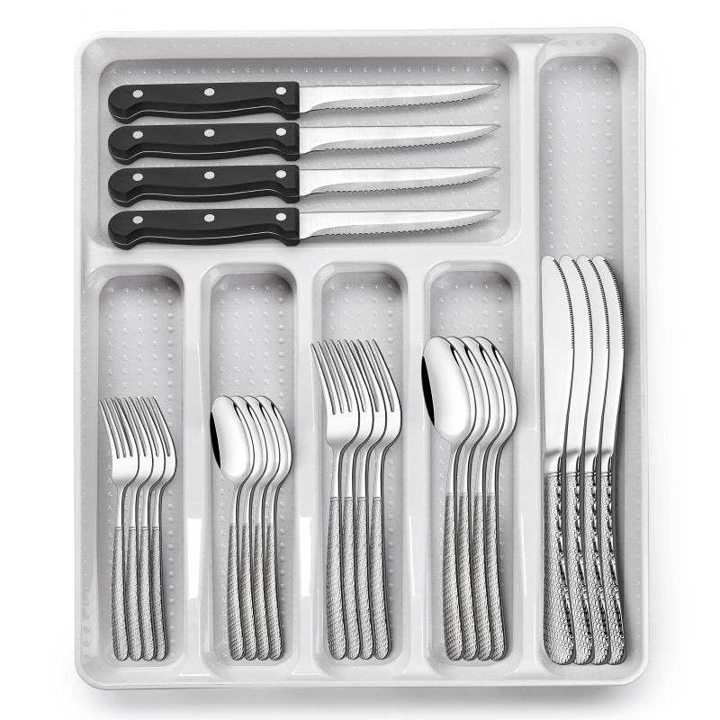 49Piece Hammered Silverware Set with Organizer FoodGrade Stainless Steel Flatware for 8 Cutlery Utensil Sets with Steak Knives Rustproof Mirror Polished Dishwasher Safe Round Hammered