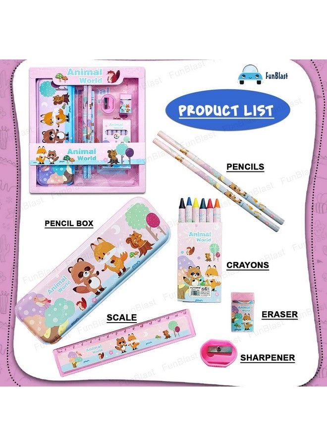 FunBlast Cartoon Theme Stationery Kit for Kids - Kawaii Stationery for Kids, Pencil Box, Pencils, Crayons, Sharpeners, Erasers for Kids, School Stationery Supply, Return Gifts for Kids (Animal World) - Image 2