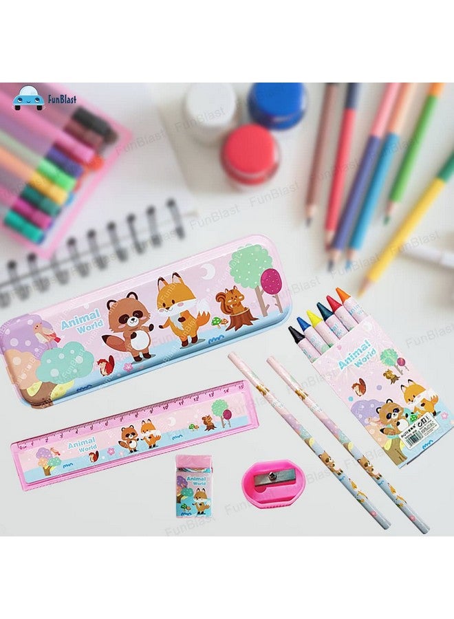 FunBlast Cartoon Theme Stationery Kit for Kids - Kawaii Stationery for Kids, Pencil Box, Pencils, Crayons, Sharpeners, Erasers for Kids, School Stationery Supply, Return Gifts for Kids (Animal World) - Image 4
