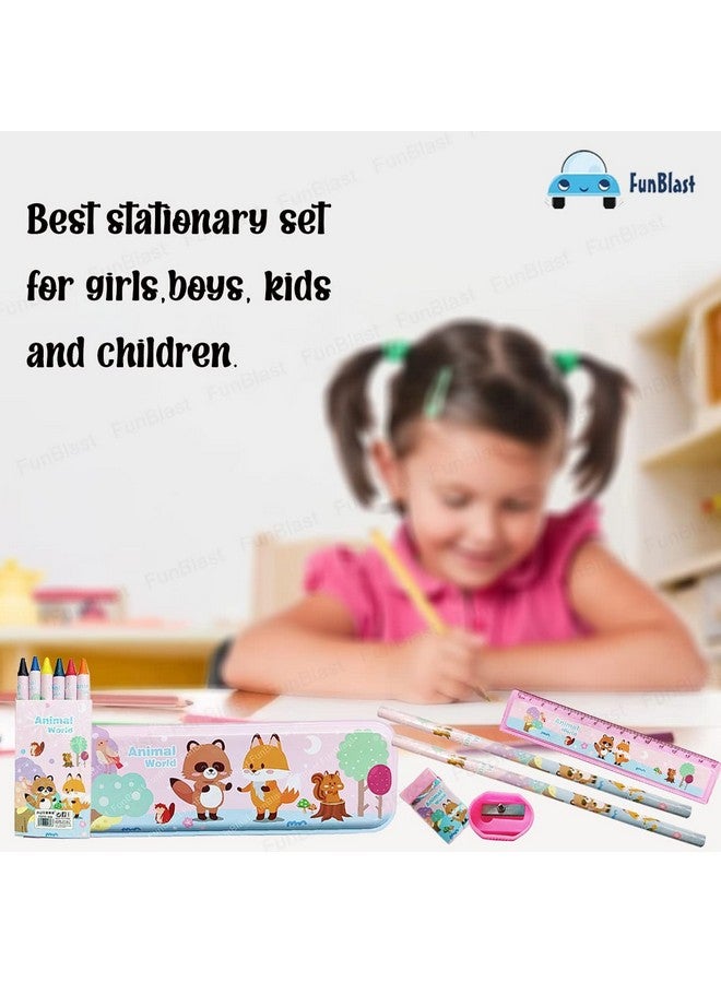 FunBlast Cartoon Theme Stationery Kit for Kids - Kawaii Stationery for Kids, Pencil Box, Pencils, Crayons, Sharpeners, Erasers for Kids, School Stationery Supply, Return Gifts for Kids (Animal World) - Image 5