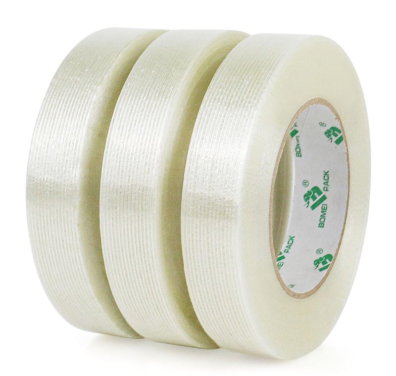 BOMEI PACK 3 Pack Reinforced Filament Packing Tape, 6.3 Mil 24mm x 60 Yards, Fiberglass Strapping Tape