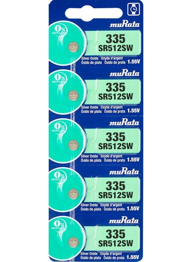 Murata 335 SR512SW Silver Oxide Watch Battery, 1.55V Mercury Free Button Cell, Pack of 5 (Made in Japan) - Image 1