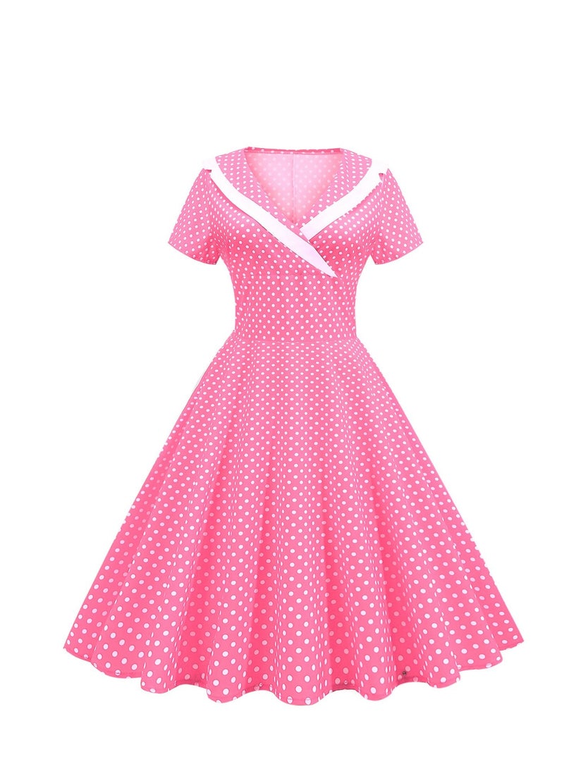 Loquat Vintage dress V-neck short sleeved polka dot large swing skirt Pink  - Image 1