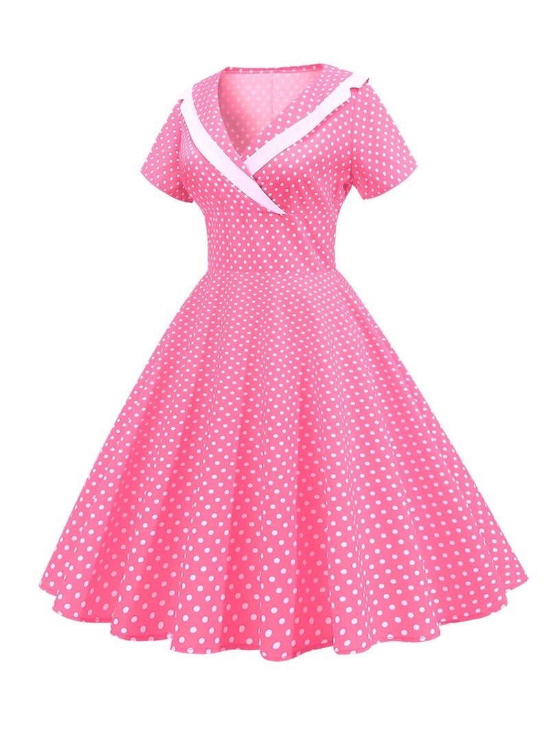 Loquat Vintage dress V-neck short sleeved polka dot large swing skirt Pink  - Image 2