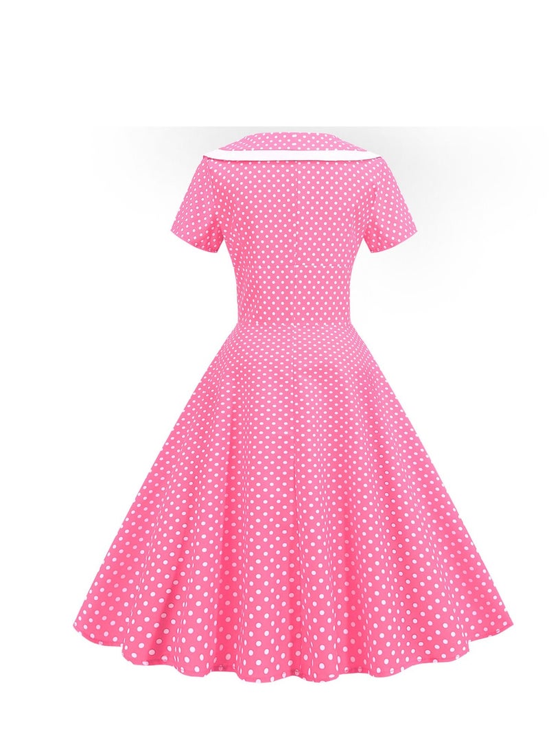 Loquat Vintage dress V-neck short sleeved polka dot large swing skirt Pink  - Image 3