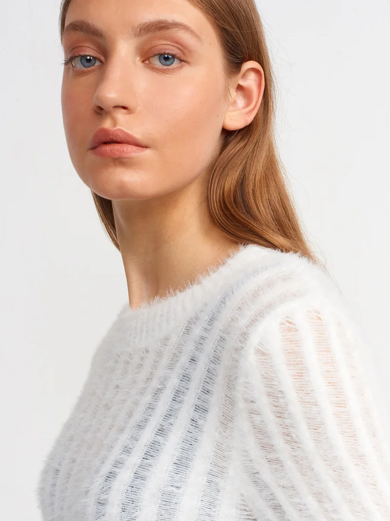 Dilvin 10473 Crew Neck Soft Textured Transparent Sweater-Ecru