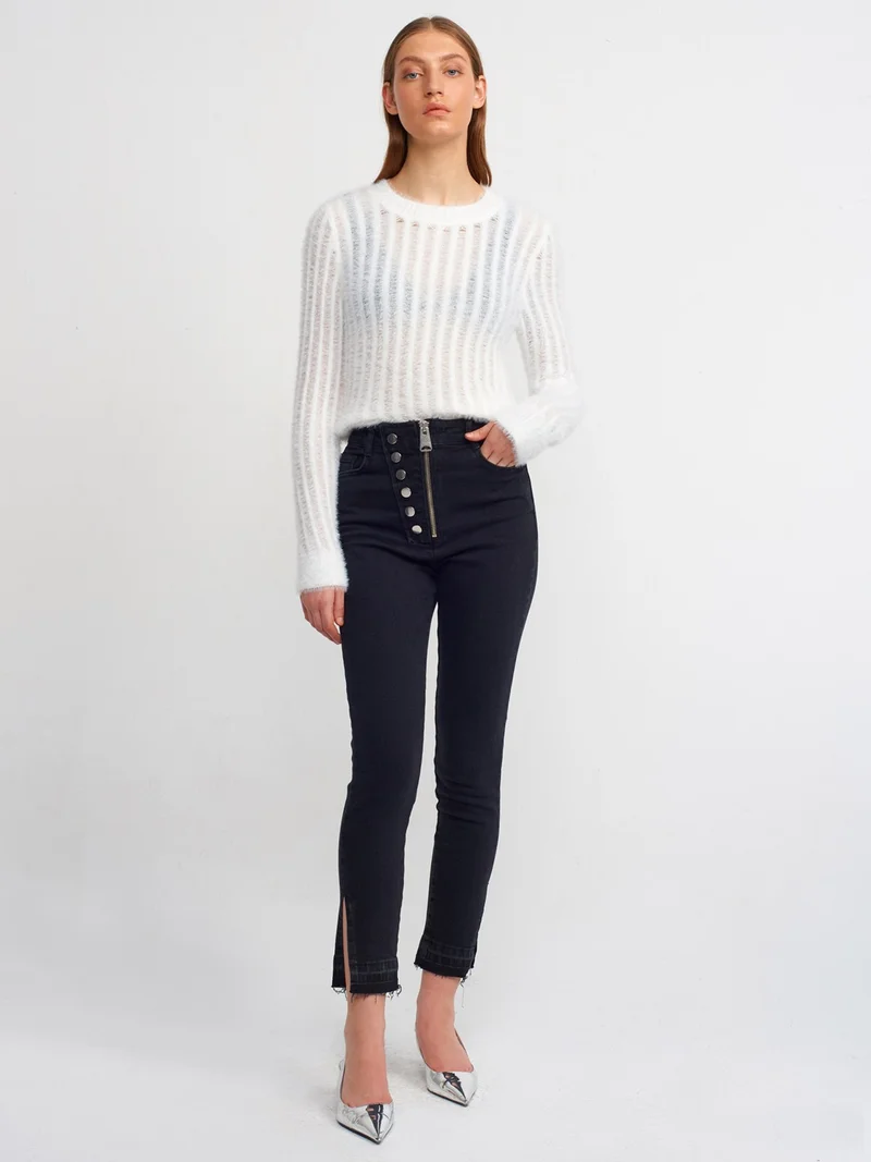 Dilvin 10473 Crew Neck Soft Textured Transparent Sweater-Ecru