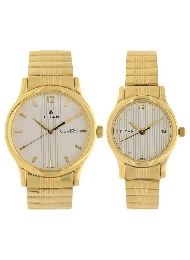 Bandhan Quartz Analog with Day & Date White Dial Gold Metal Strap Couple Watch - 15802490YM04