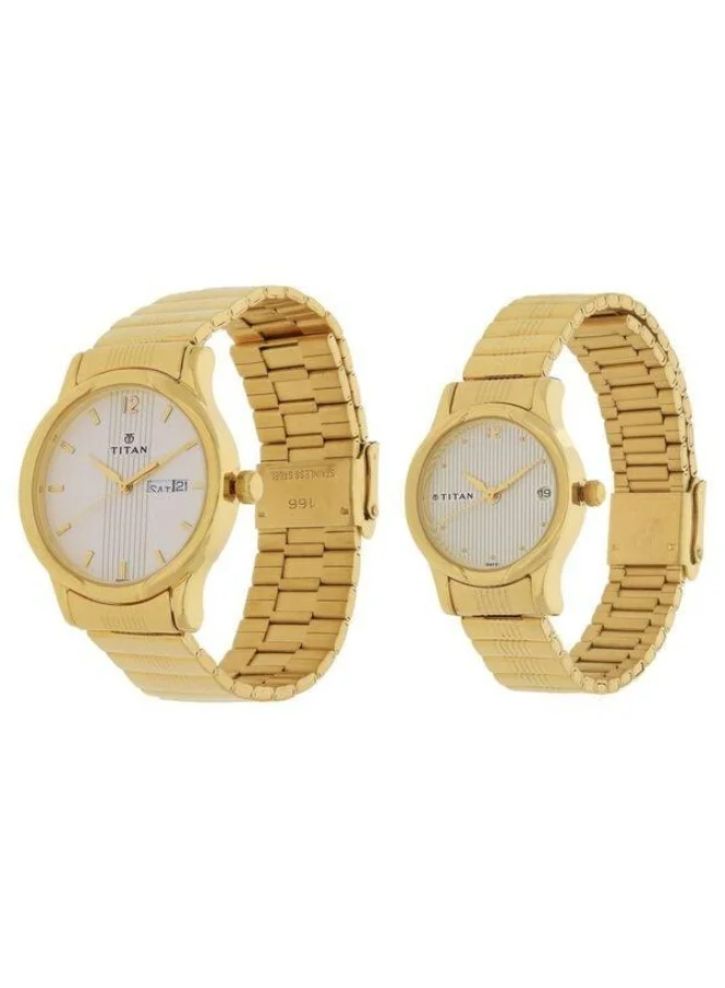 TITAN Bandhan Quartz Analog with Day & Date White Dial Gold Metal Strap Couple Watch - 15802490YM04