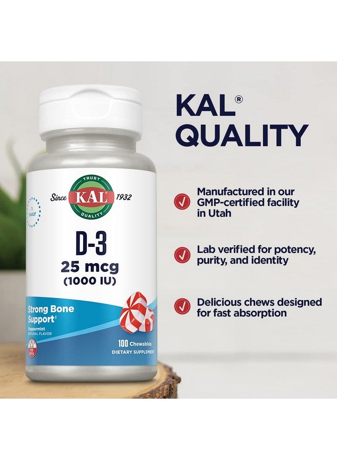 KAL Vitamin D3 1000 IU 25 mcg, Vitamin D Chewables, Calcium Absorption, Bone Health and Immune Support Supplement, Natural Peppermint Flavor, Sweetened with Xylitol, 100 Servings, 100 Chews - Image 5