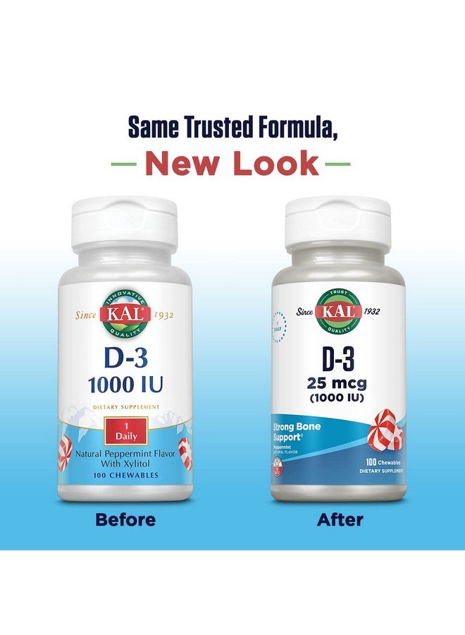 KAL Vitamin D3 1000 IU 25 mcg, Vitamin D Chewables, Calcium Absorption, Bone Health and Immune Support Supplement, Natural Peppermint Flavor, Sweetened with Xylitol, 100 Servings, 100 Chews - Image 2