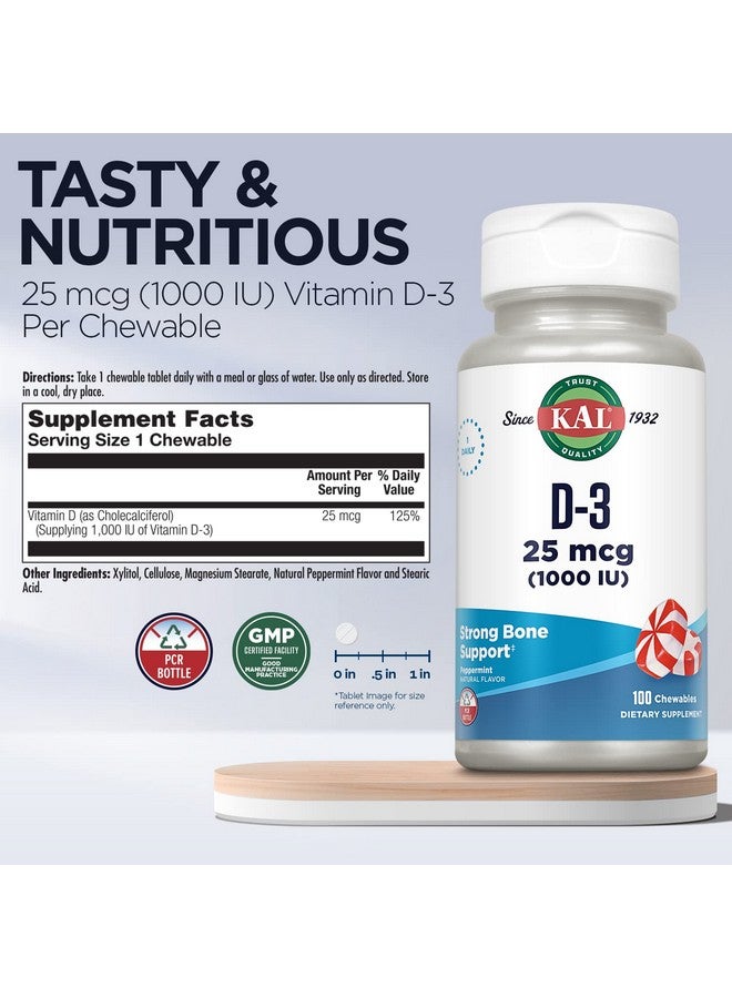 KAL Vitamin D3 1000 IU 25 mcg, Vitamin D Chewables, Calcium Absorption, Bone Health and Immune Support Supplement, Natural Peppermint Flavor, Sweetened with Xylitol, 100 Servings, 100 Chews - Image 3