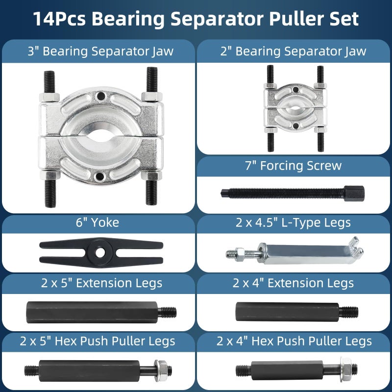 FreeTec Heavy Duty 14PCS Bearing Separator Puller Set 2" and 3" Splitters Remove Bearings Kit - Image 2