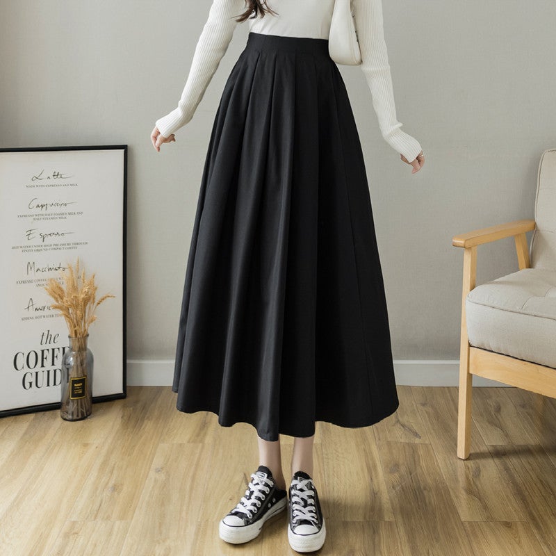 Summer New High-Waist A-Line Black Midi Skirt Black 