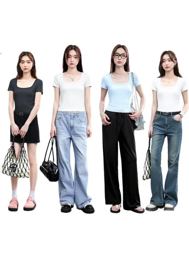 Warrior Slim Fit Square Neck Short Sleeve T-Shirt Women'S Summer Versatile Casual Style Top Fashion Simple Women'S Clothing - Image 1