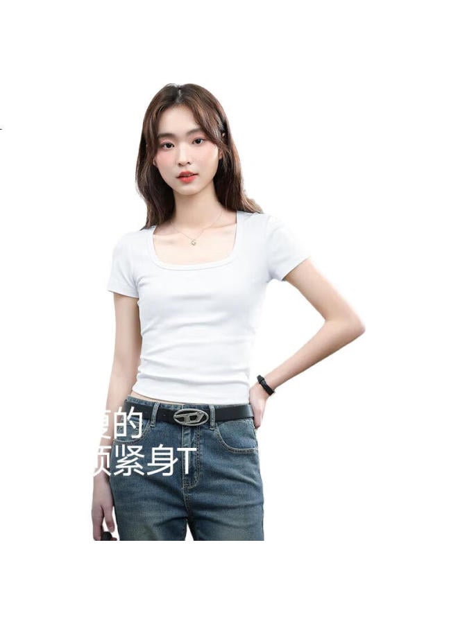 Warrior Slim Fit Square Neck Short Sleeve T-Shirt Women'S Summer Versatile Casual Style Top Fashion Simple Women'S Clothing - Image 2