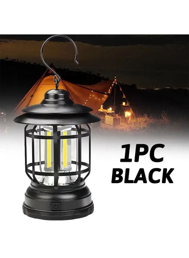 Black Camping Lantern LED Retro Portable Outdoor Light with Hook Battery Powered - Image 1