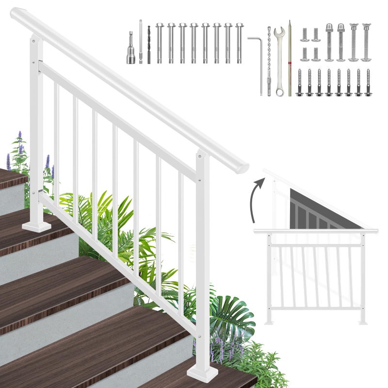 SunCrafts Adjustable Handrails for Outdoor Steps â€“ White Metal Stair Railing with Installation Kit, Outdoor Handrail Fits 1 to 4 Steps or Horizontal Use, Wrought Iron Hand Rails for Porch, Deck - Image 1
