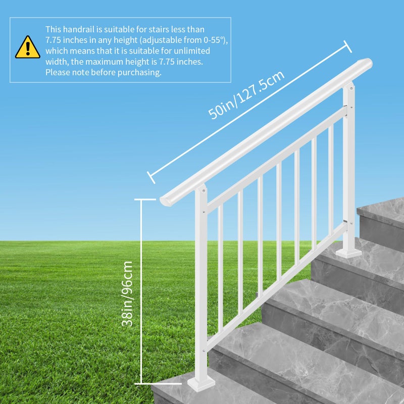 SunCrafts Adjustable Handrails for Outdoor Steps â€“ White Metal Stair Railing with Installation Kit, Outdoor Handrail Fits 1 to 4 Steps or Horizontal Use, Wrought Iron Hand Rails for Porch, Deck - Image 2