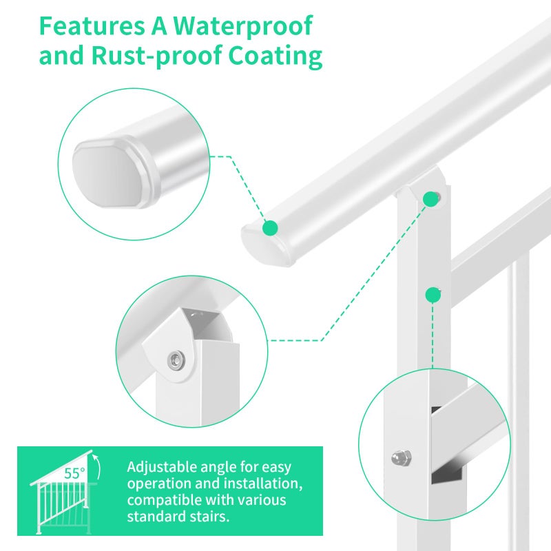 SunCrafts Adjustable Handrails for Outdoor Steps â€“ White Metal Stair Railing with Installation Kit, Outdoor Handrail Fits 1 to 4 Steps or Horizontal Use, Wrought Iron Hand Rails for Porch, Deck - Image 3