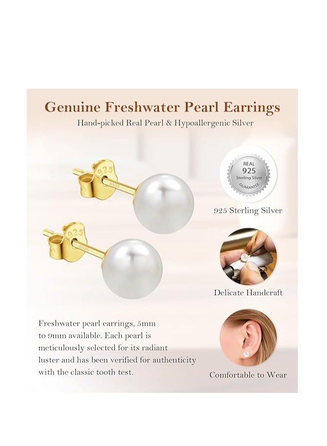 Hain 9MM Freshwater Pearl Stud Earrings for Women, Hypoallergenic 18K Gold Vermeil Earrings Studs with Genuine Round White Pearls - Image 4