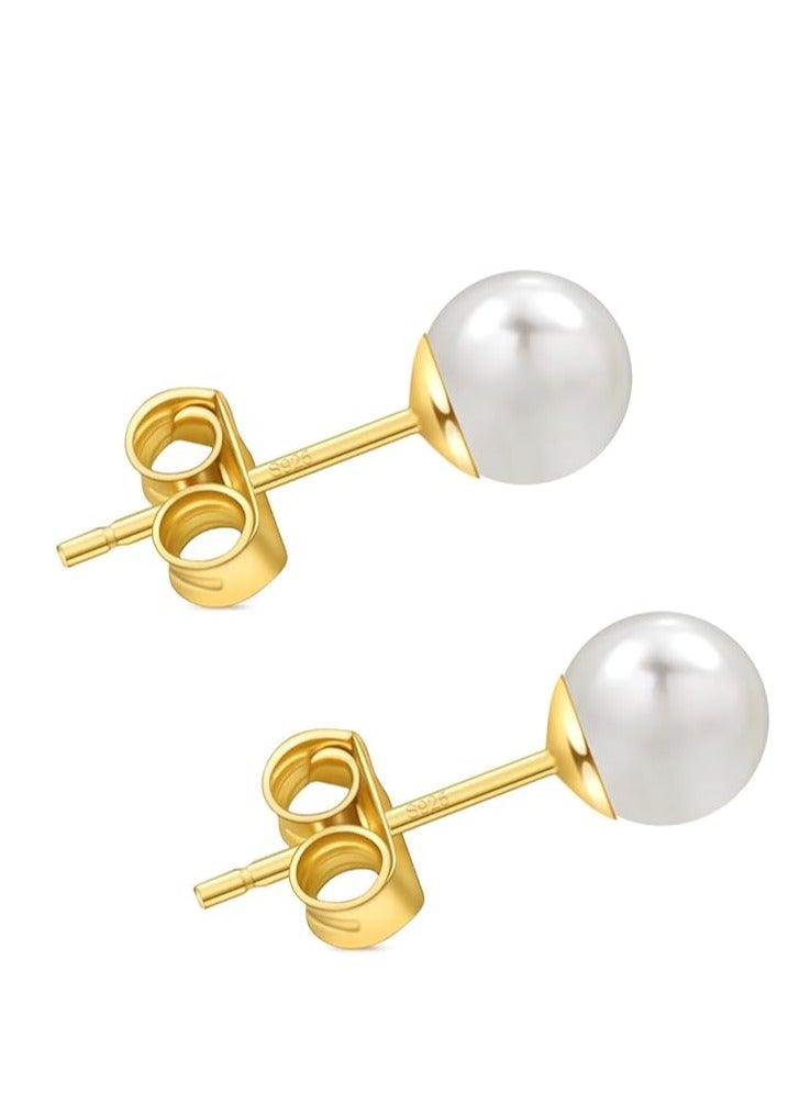 Hain 9MM Freshwater Pearl Stud Earrings for Women, Hypoallergenic 18K Gold Vermeil Earrings Studs with Genuine Round White Pearls - Image 1