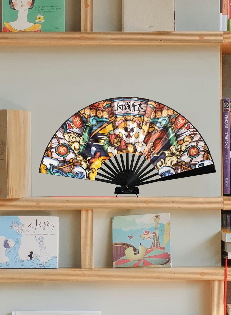 مروحة يد قابلة للطي بحجم 13 بوصة للنساء والرجال، مروحة شيفنغ تاي تشي من الخيزران والقماش النايلون مع قاعدة مروحة لحفلات، وديكورات، وهدايا للمهرجانات (قط محظوظ) - Image 4