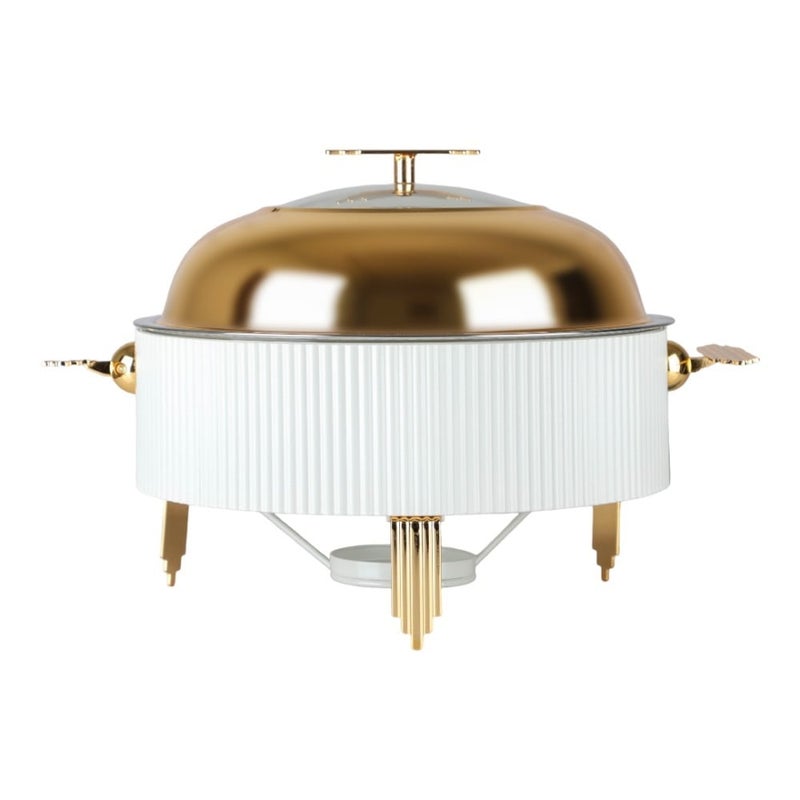 Soleter Food Warmer 3 Liter White/Gold – Decorative Stainless Steel Chafing Dish with Vertical Fluted Pattern, Domed Lid & Tripod Stand, Premium Serveware for Wedding & Home Decor