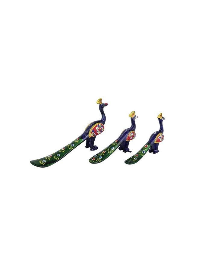 CraftVatika Peacock Statue Showpiece Set of 3 for Home Garden Temple Office Shelf Living Room Decoration, Handcrafted Papermache Peacock Mor Figurine Home Decoration Items (Blue) - Image 3