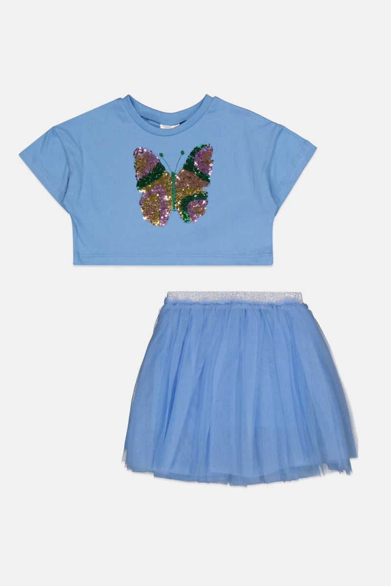 MISS Kids Girl 2Pcs Sequin Top And Skirt Set, Dusty Blue - Image 1